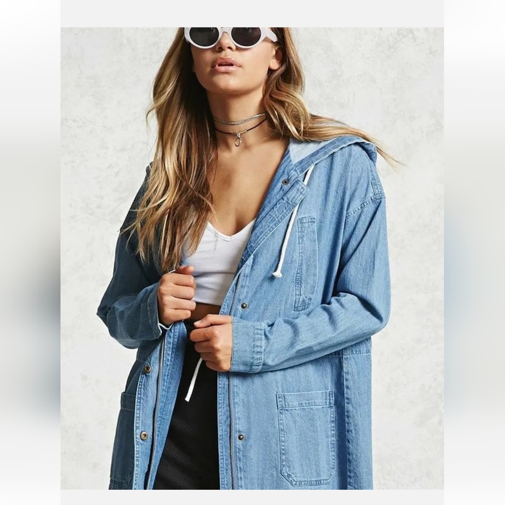 Forever 21 contemporary collection denim chambray zip raw hem utility jacket